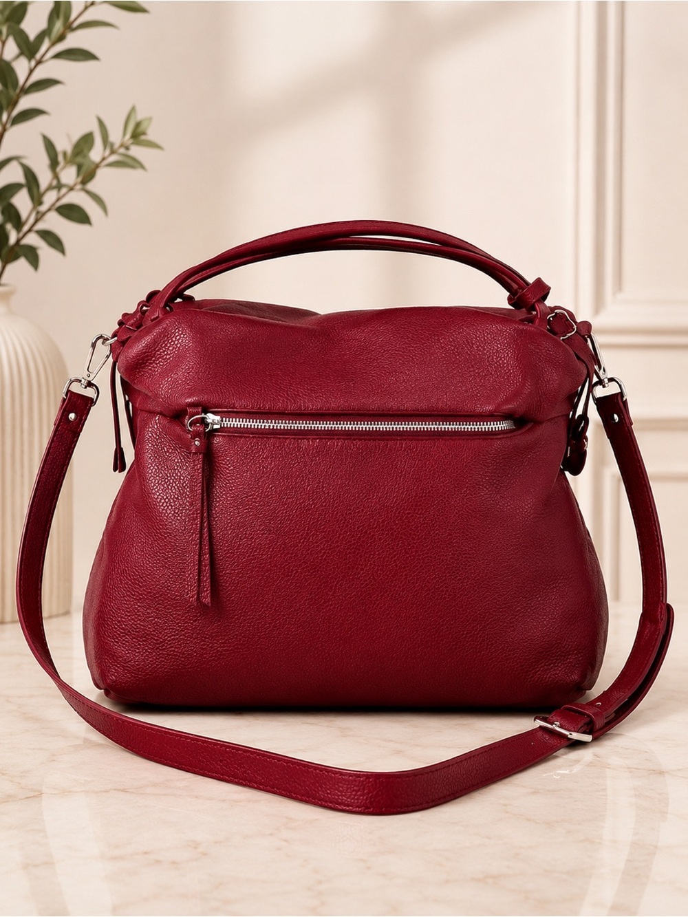 Nicoli Burgundy Pebbled Leather Hobo Shoulder Bag Crossbody Purse